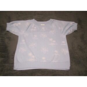 Lou & Grey Shirt Womens Small Blue Terry Raglan Short Sleeve Tropical Palm Print